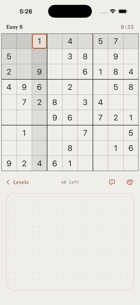 A sudoku board at the top of the screen with an empty input pad below it