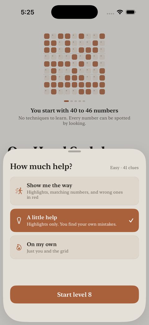 A sheet asking how much help you want, with three choices